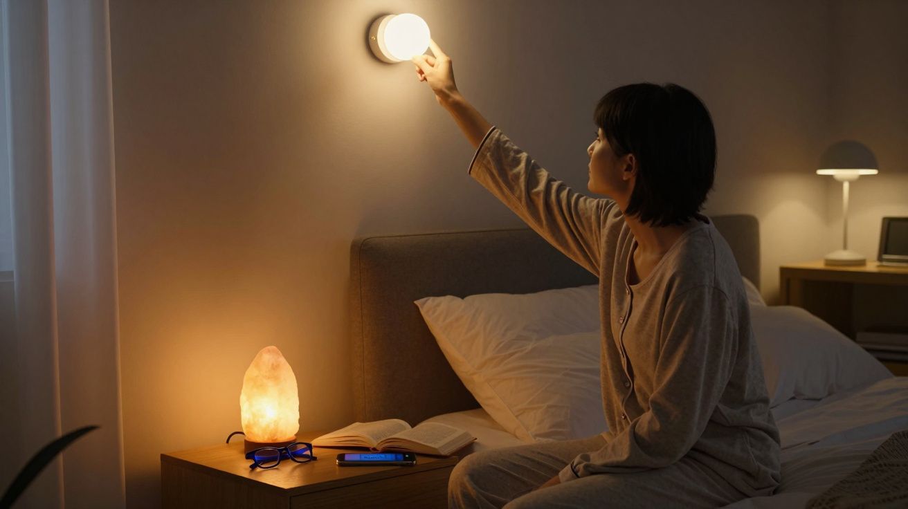 Mulher em pijama acendendo luz de parede ao lado da cama com abajur de sal e livro aberto.
