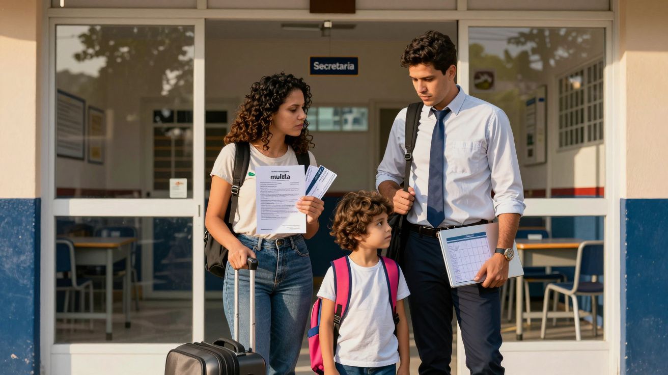 Família em frente à secretaria da escola, com documentos, mochilas e mala, aparentando preocupação.