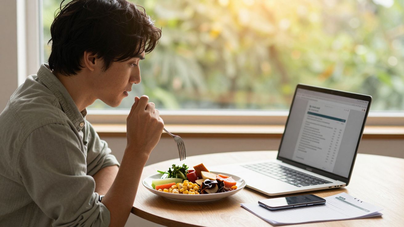 Pessoa jovem almoçando salada em frente a um notebook aberto em mesa redonda junto com celular e papéis.