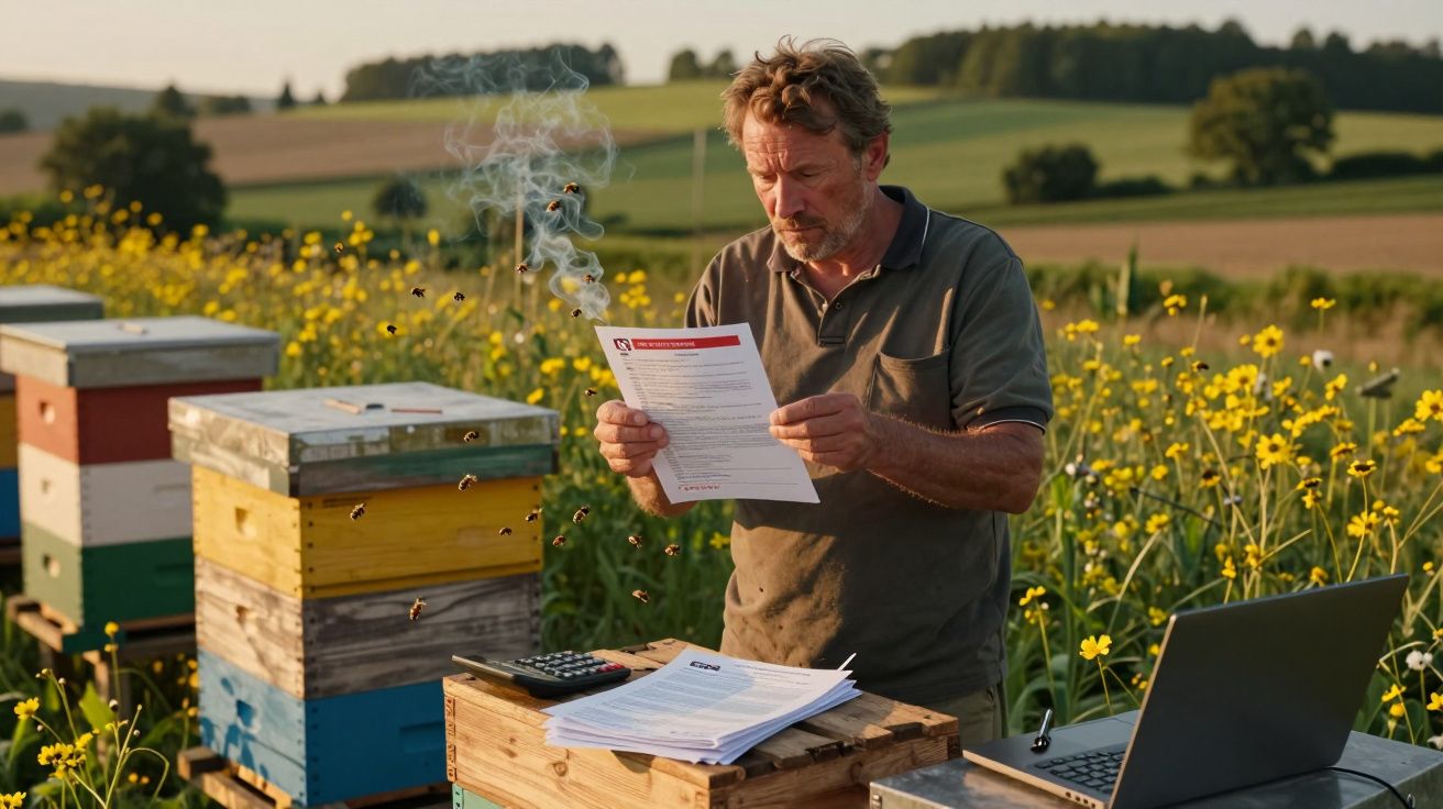 Apicultor lê documento ao ar livre perto de colmeias coloridas em campo florido durante fim de tarde.
