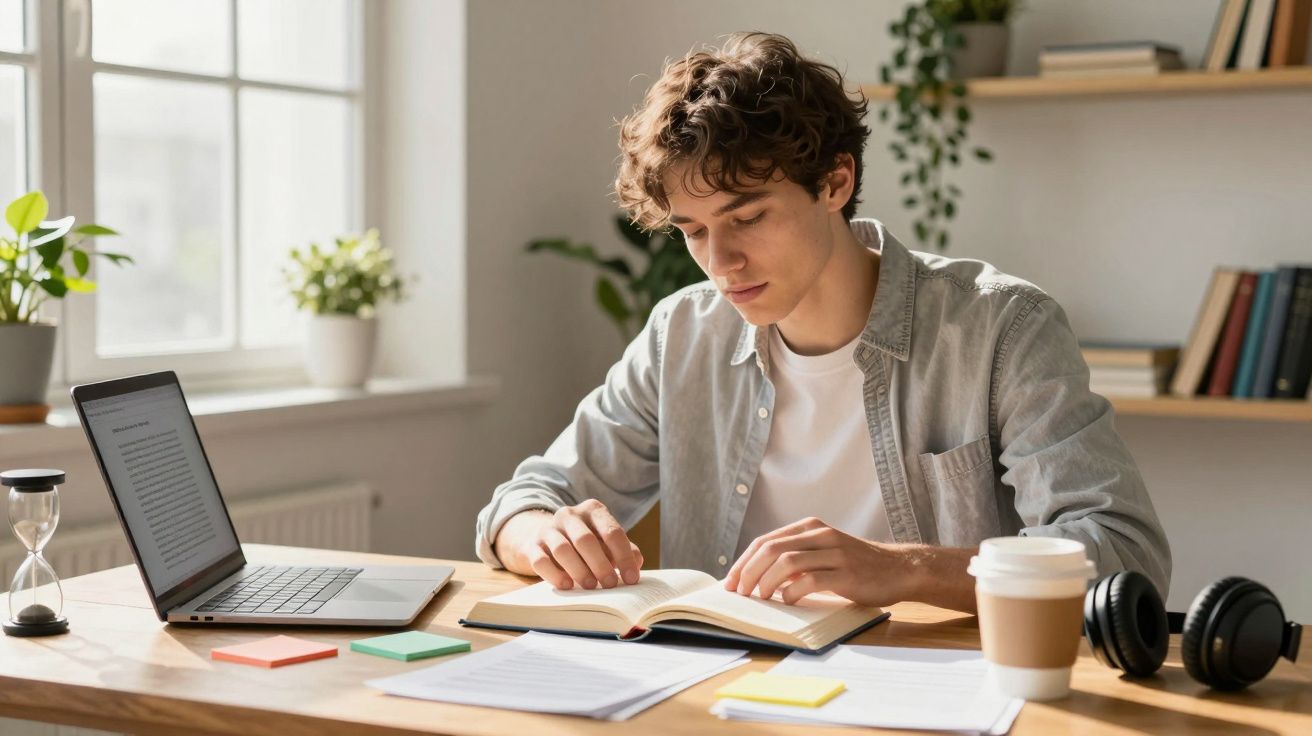 Jovem estudando com livro aberto, notebook, papéis, café e fones em mesa iluminada por luz natural.