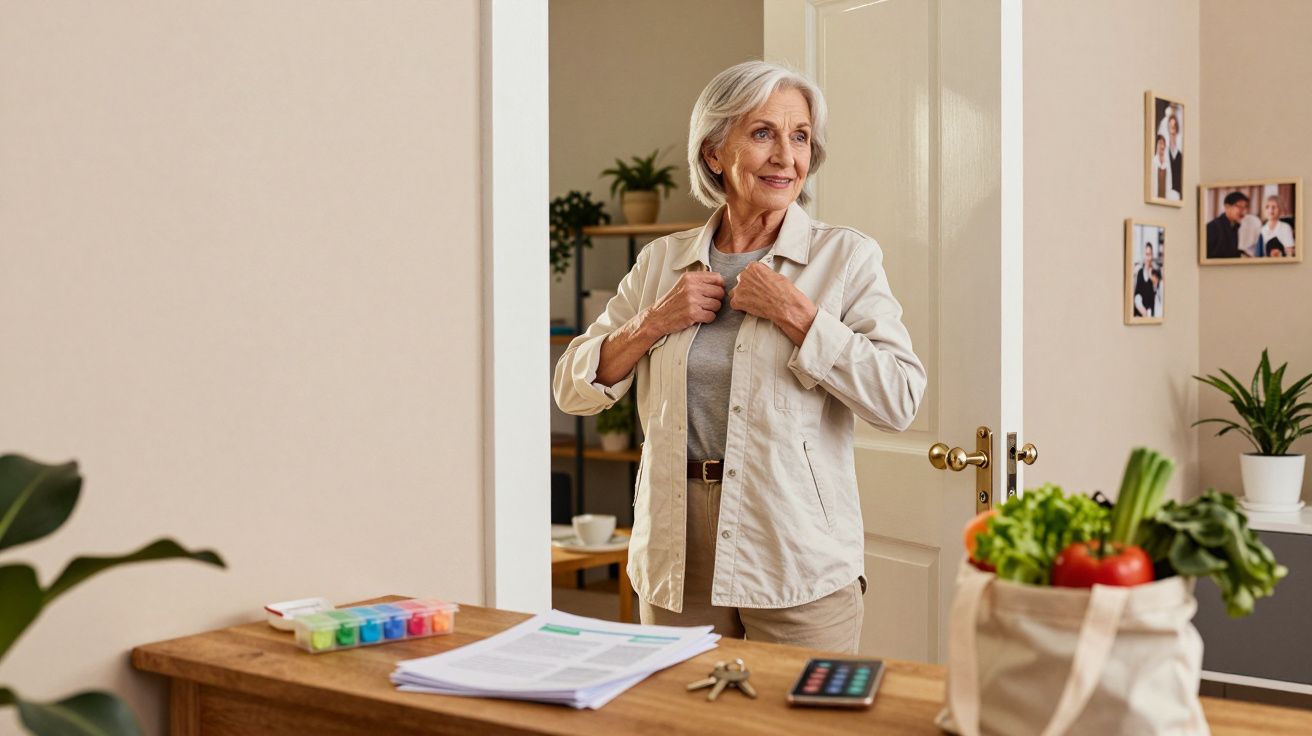 Mulher idosa sorrindo, vestindo jaqueta bege, ao lado de mesa com documentos, chaves, calculadora e sacola de verduras.