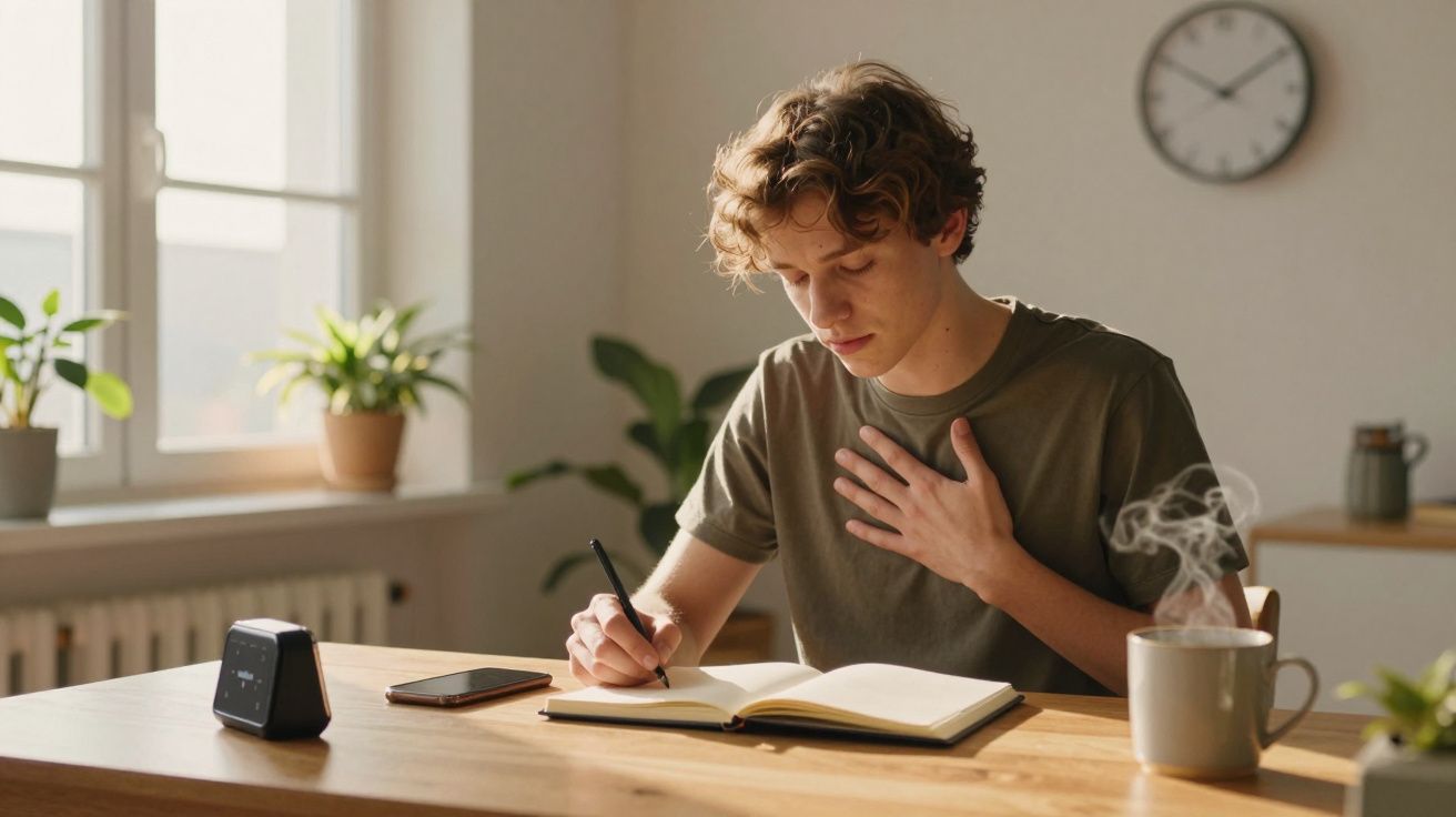Jovem com mão no peito escrevendo em caderno à mesa, próximo a celular e xícara fumegante.