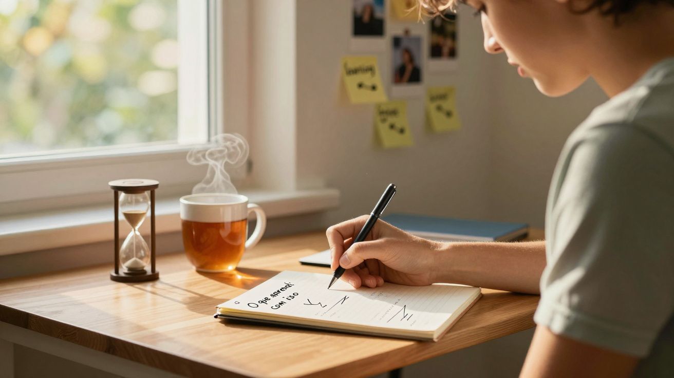 Pessoa escrevendo em caderno com xícara de chá quente e ampulheta sobre mesa perto da janela.