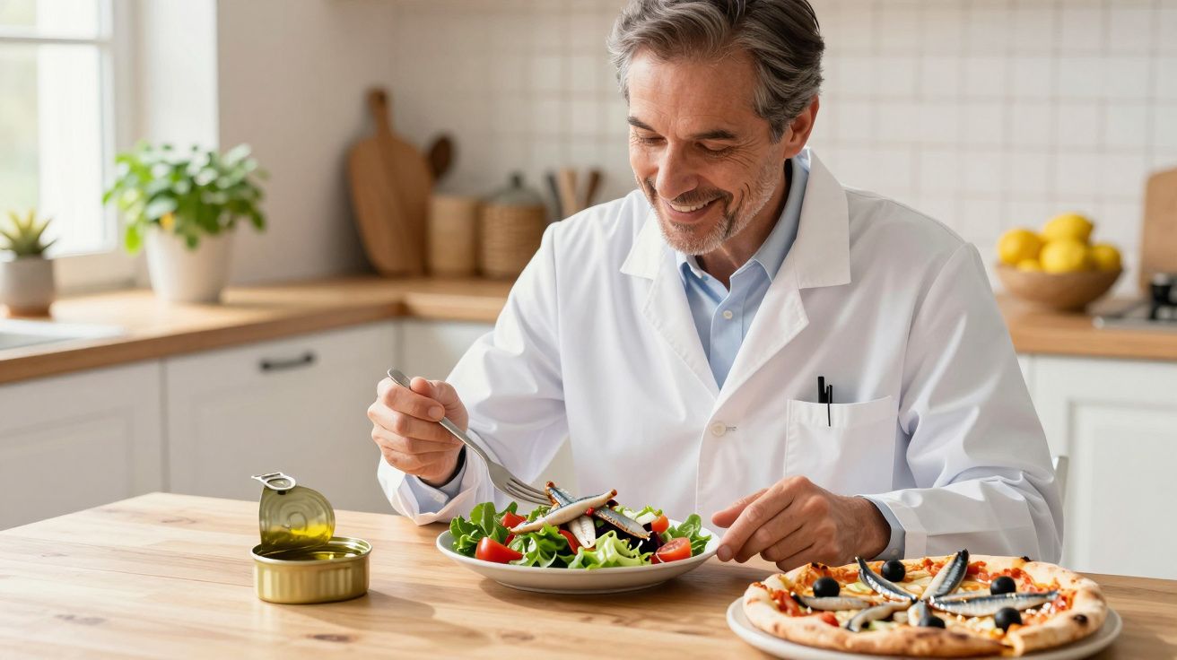 Homem sorridente em jaleco branco comendo salada em mesa de cozinha com pizza e lata aberta.