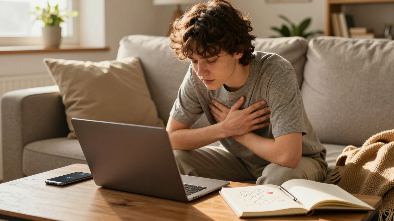 Jovem sentado no sofá com expressão de dor no peito, segurando o peito com as mãos, laptop à frente.