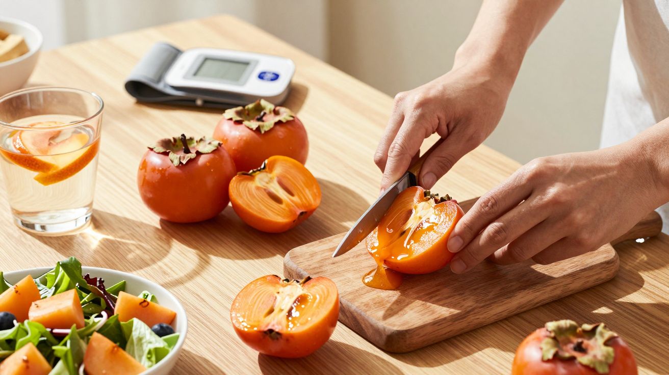 Pessoa cortando caqui em tábua de madeira com salada e monitor de pressão arterial ao fundo na mesa.