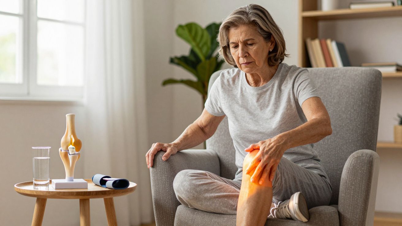 Mulher idosa sentada em poltrona tocando o joelho, indicando dor, ao lado de uma mesa com modelo de articulação.