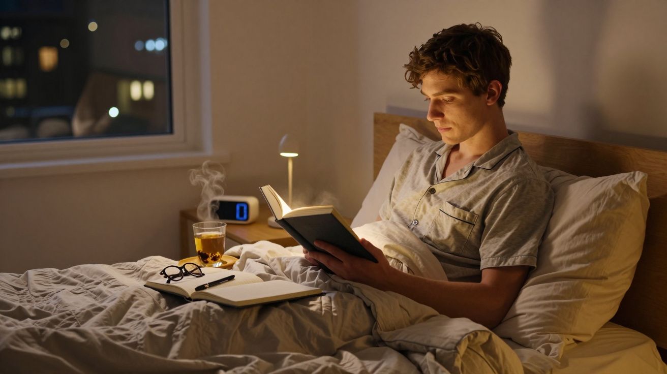 Homem lendo livro na cama à noite com chá, óculos e caderno ao lado, luz de abajur acesa.