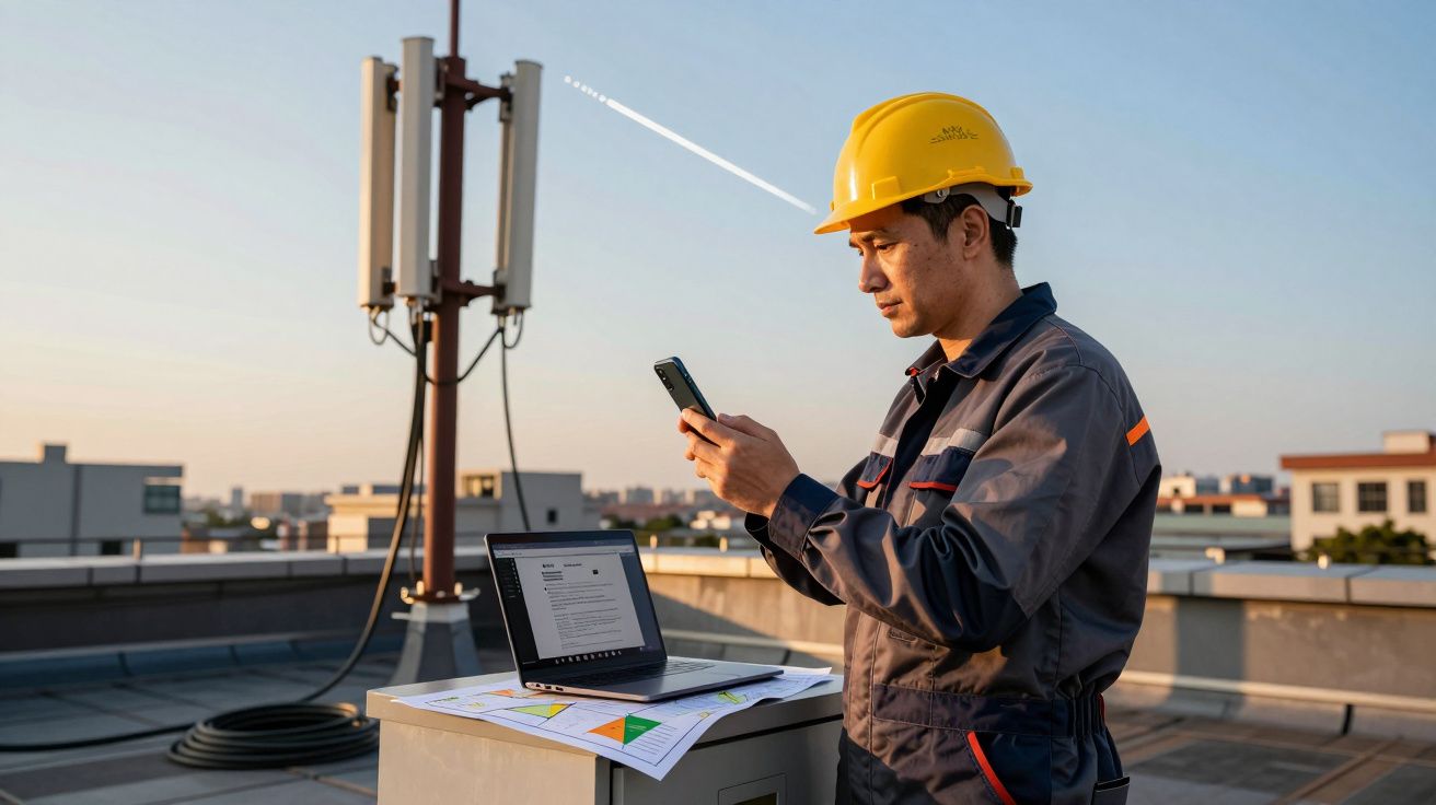 Técnico em segurança com capacete amarelo usando celular ao lado de laptop e documentos em telhado de prédio.