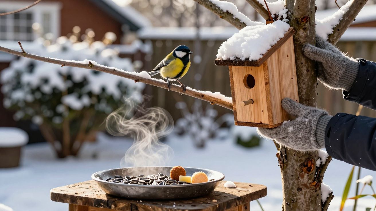 Pássaro pousado em galho próximo a casinha de madeira na árvore com neve e prato de sementes fumegante.