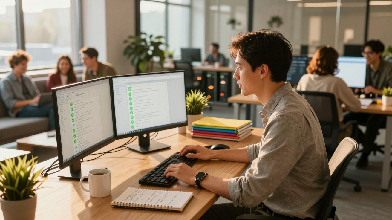 Jovem trabalhando em escritório moderno com dois monitores e colegas ao fundo em ambiente iluminado.