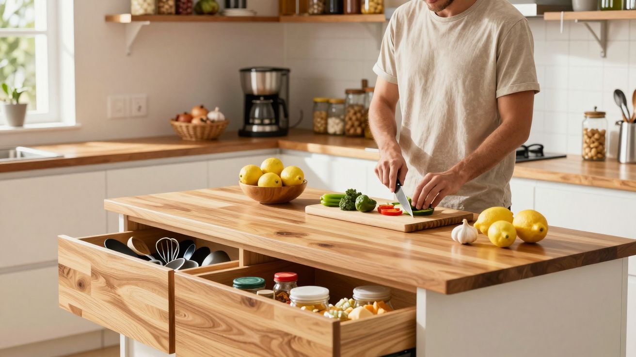 Homem cortando legumes em cozinha moderna com bancada de madeira e gavetas abertas com utensílios.