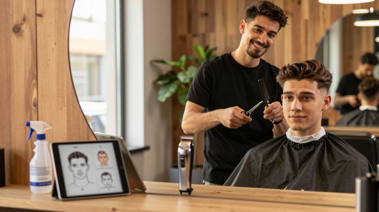 Homem cortando cabelo de cliente em barbearia com tablet mostrando estilos de corte na mesa à frente.