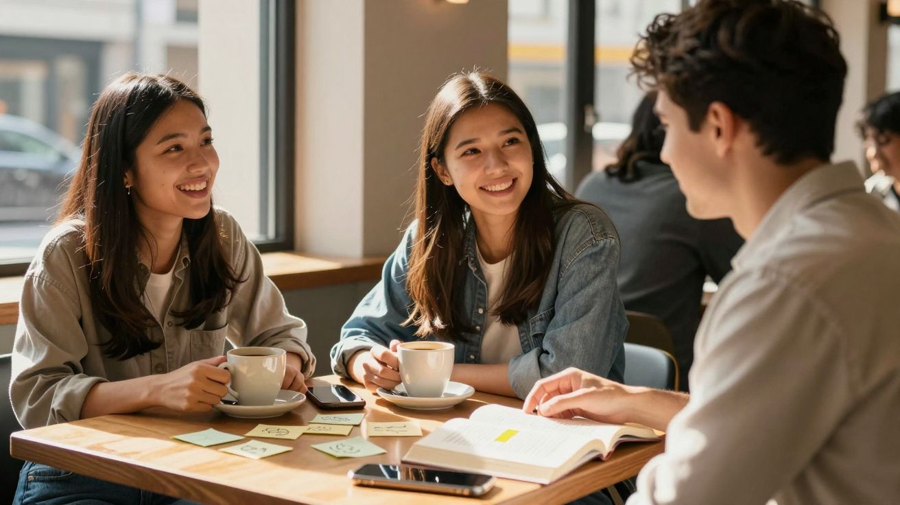 Três jovens conversando em café, com xícaras, livro aberto e papéis colados na mesa.