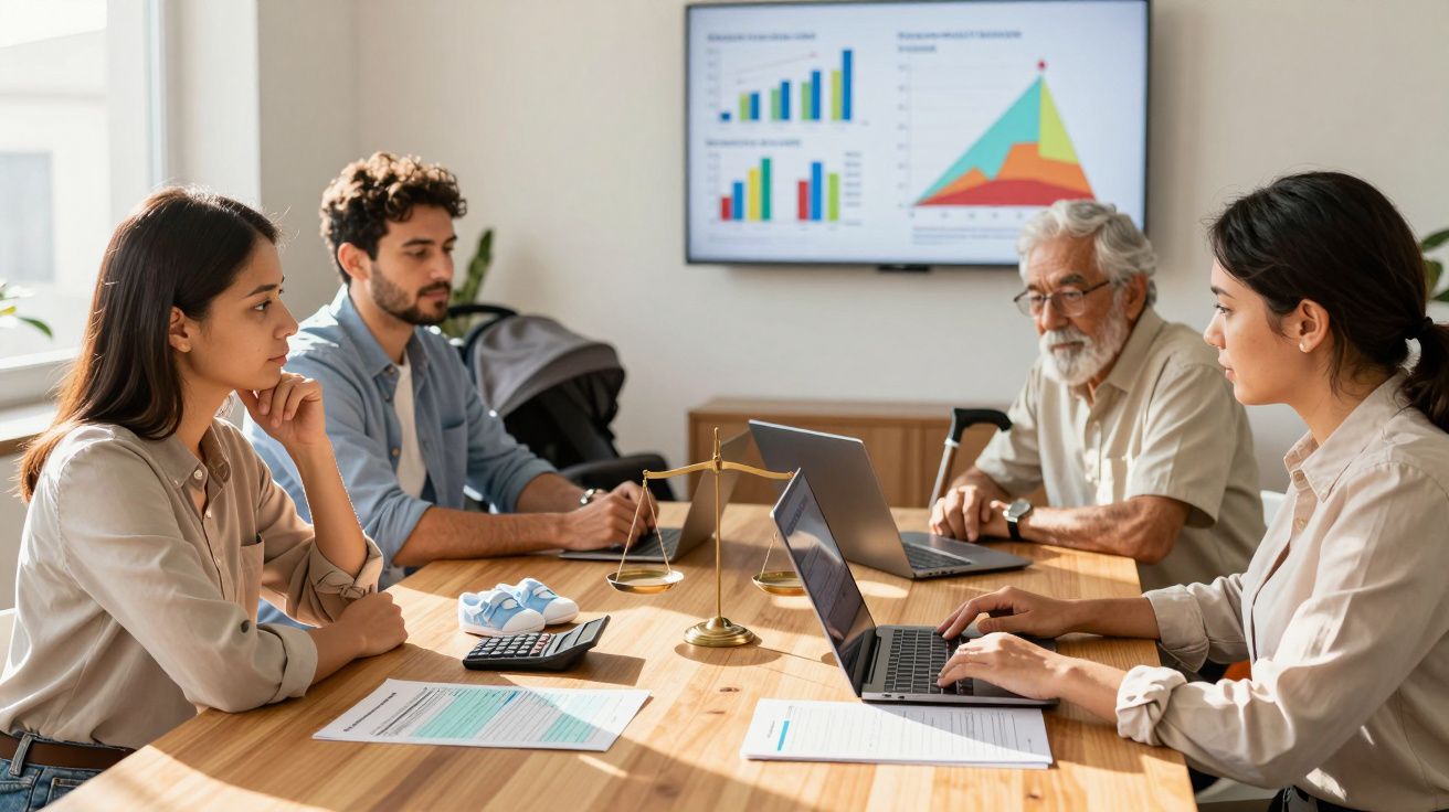 Quatro pessoas em reunião de negócios com laptops, documentos e gráficos em tela na parede.
