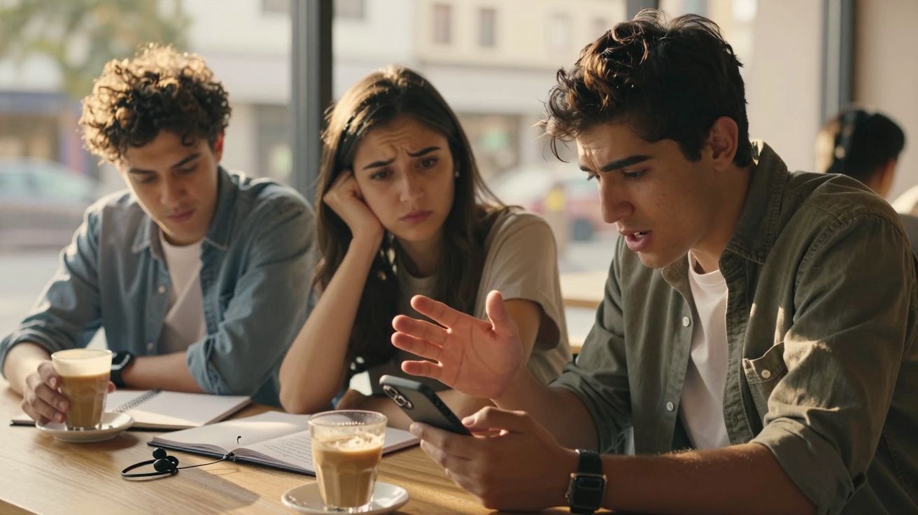 Três jovens sentados em uma mesa de café, com expressão séria enquanto um deles fala olhando o celular.