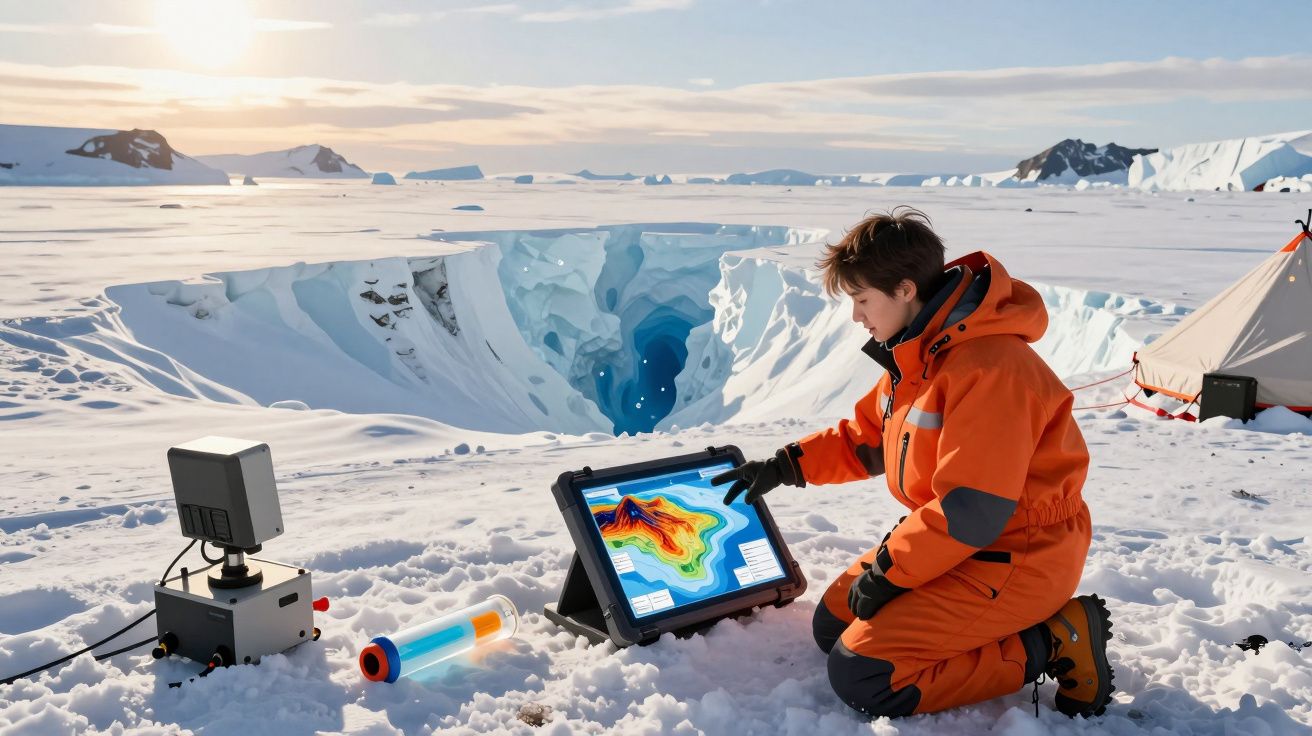 Pessoa em traje laranja analisa dados geográficos em tablet ao lado de buraco em geleira na neve.