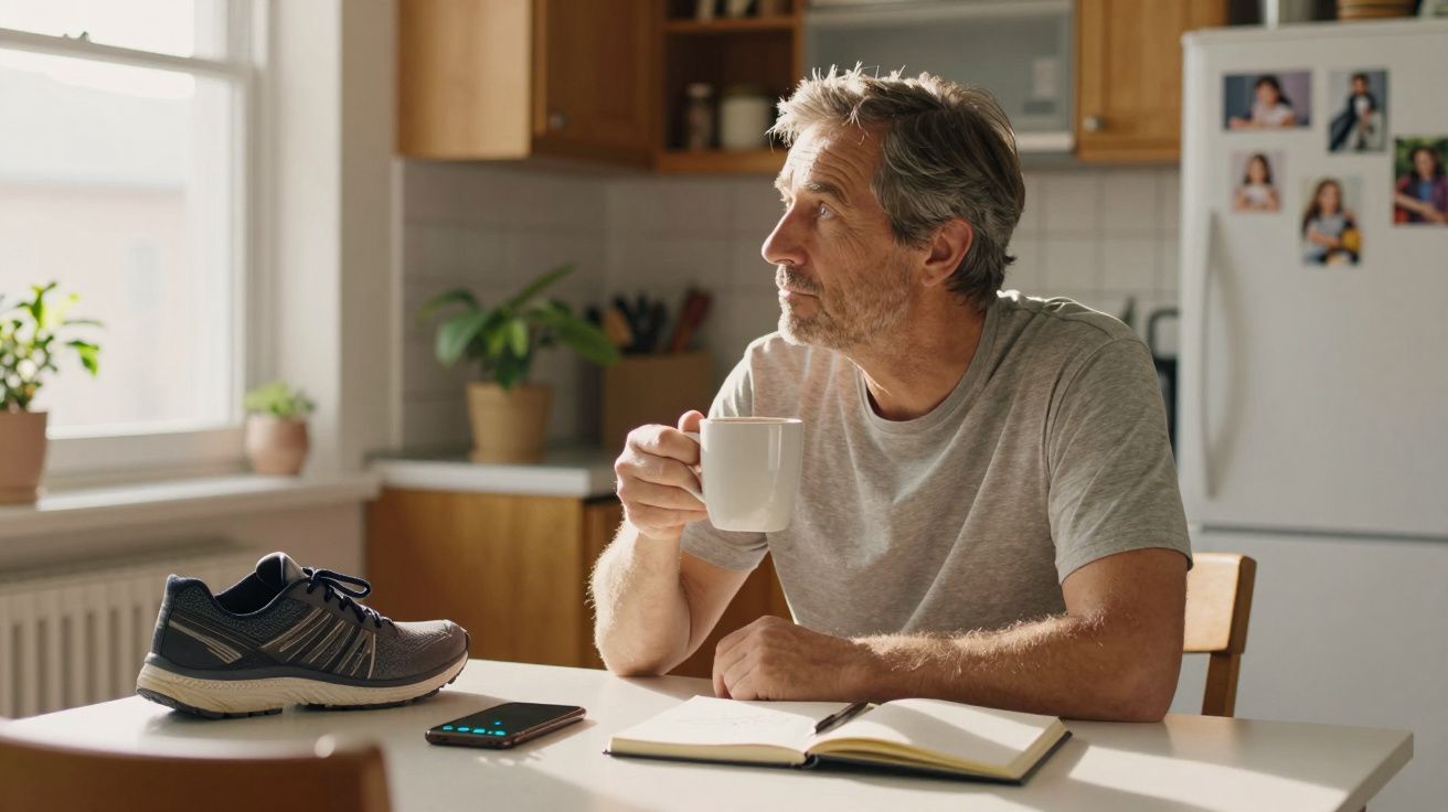 Homem maduro sentado à mesa da cozinha tomando café e olhando pela janela em manhã ensolarada.