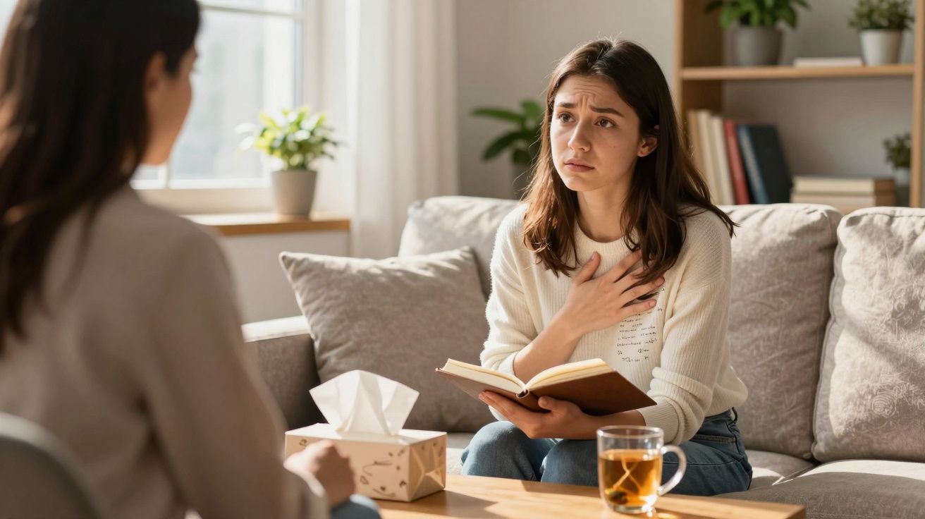 Mulher preocupada conversa com terapeuta em ambiente acolhedor com lenços e chá sobre a mesa.