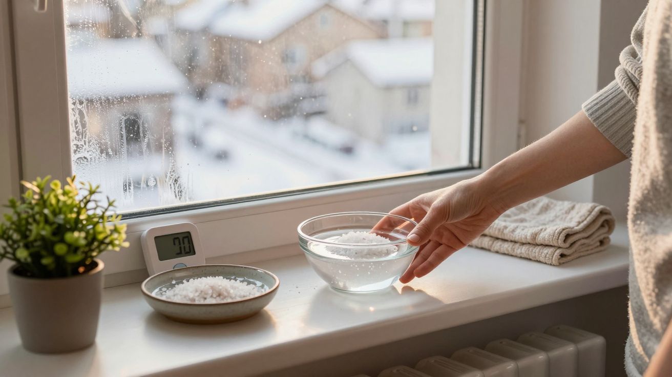 Mão colocando tigela com água e sal em parapeito de janela com termômetro marcando -7°C e planta.