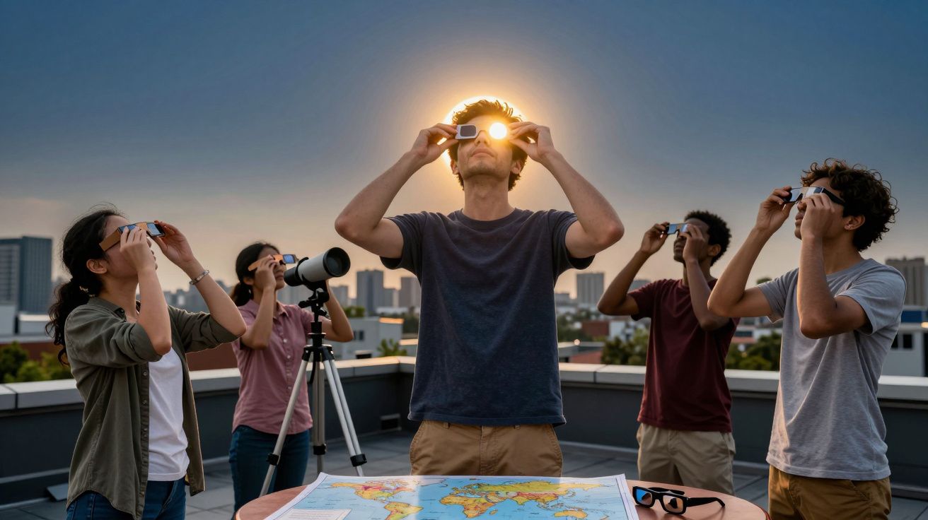 Grupo de cinco pessoas observando o eclipse solar com óculos especiais em um terraço ao pôr do sol.