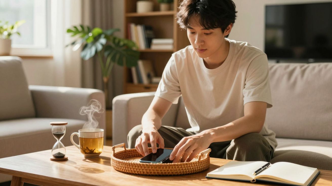 Jovem sentado no sofá organizando itens em uma bandeja de vime sobre a mesa de centro em sala iluminada.