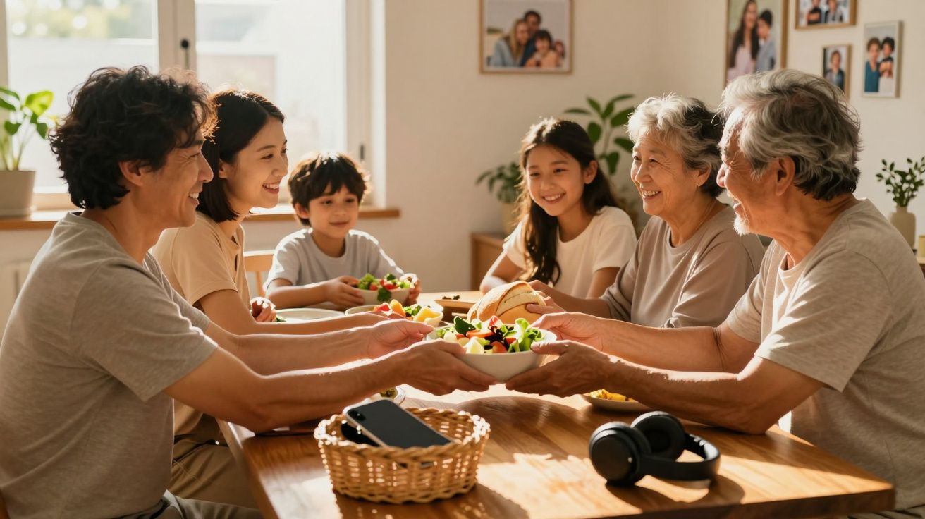 Família multi-geracional reunida ao redor da mesa compartilhando pratos de salada e alimentos sorrindo.