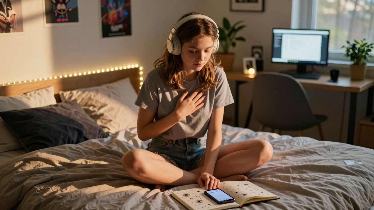 Jovem sentada na cama com fones de ouvido, lendo um livro com celular sobre ele em quarto iluminado.