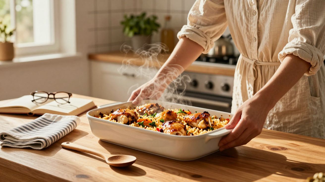 Pessoa segurando travessa com arroz e frango quente em cozinha iluminada natural.