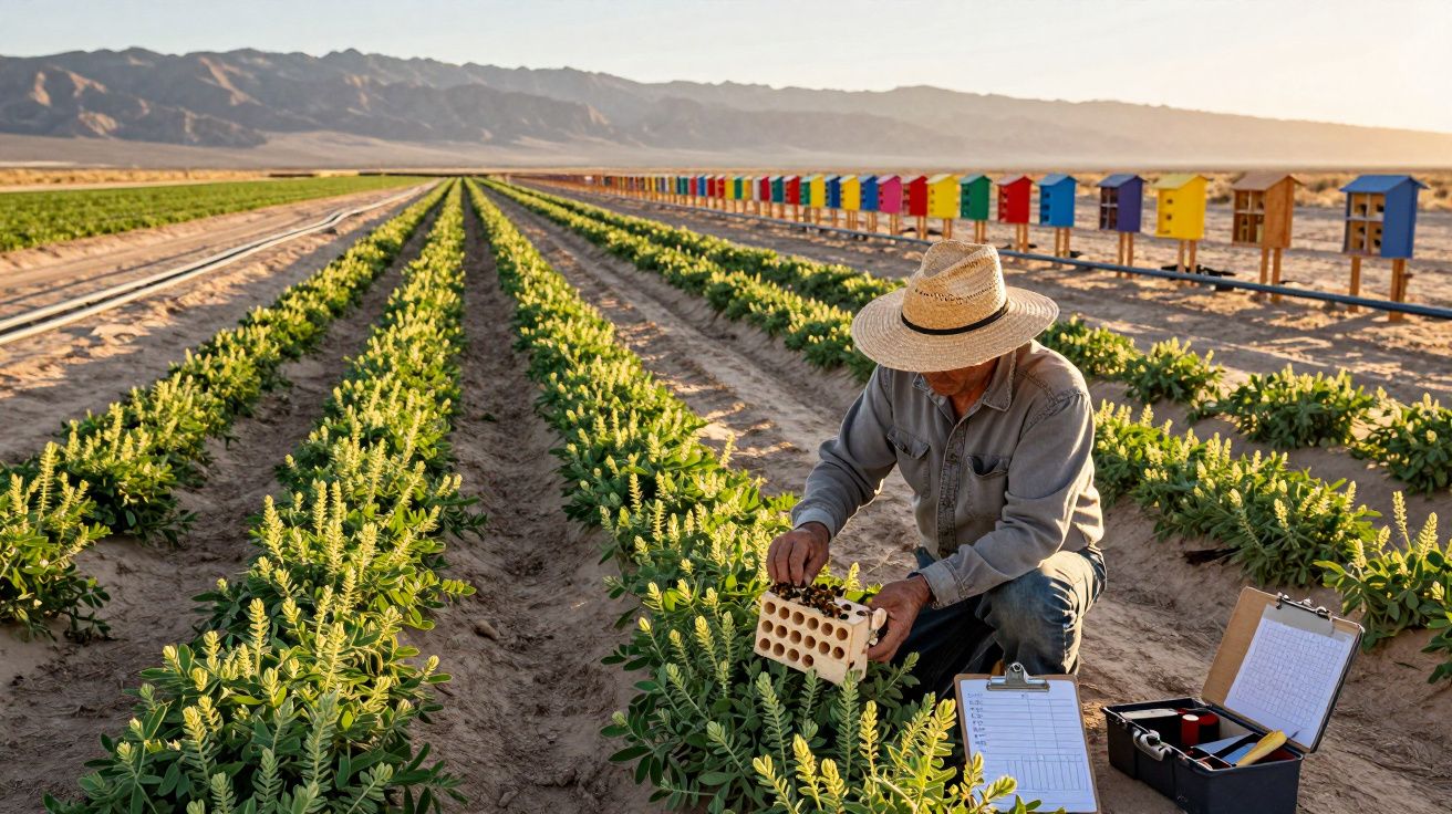 Agricultor com chapéu em campo de plantas verdes ao lado de várias caixas coloridas para abelhas.