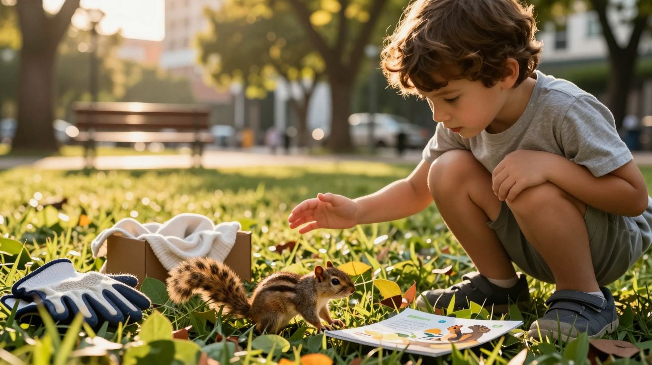 Garoto agachado no parque observando um esquilo perto de um livro aberto sobre grama.