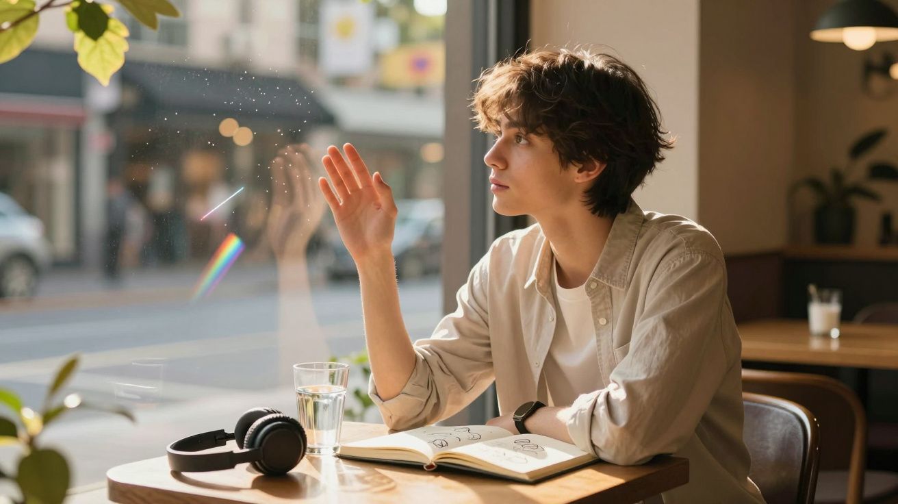 Jovem sentado em café olhando pela janela, com fones e livro aberto sobre a mesa.
