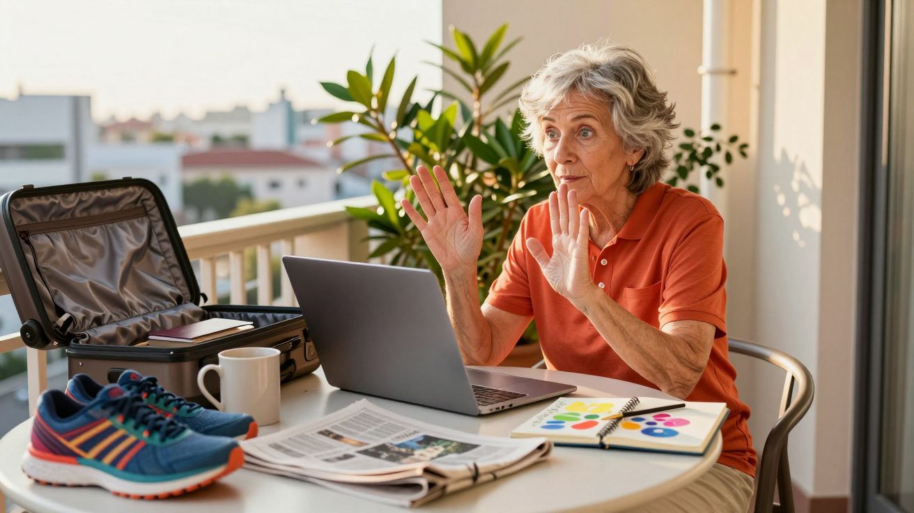 Mulher idosa sentada em varanda, com laptop, mala aberta, tênis, jornal e caderno colorido na mesa.