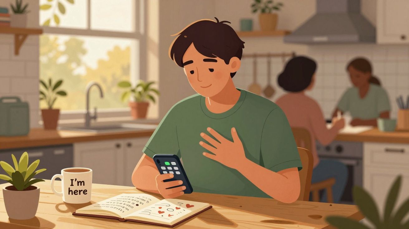 Jovem sentado à mesa com celular na mão, livro aberto e caneca com texto "I'm here" em cozinha iluminada.