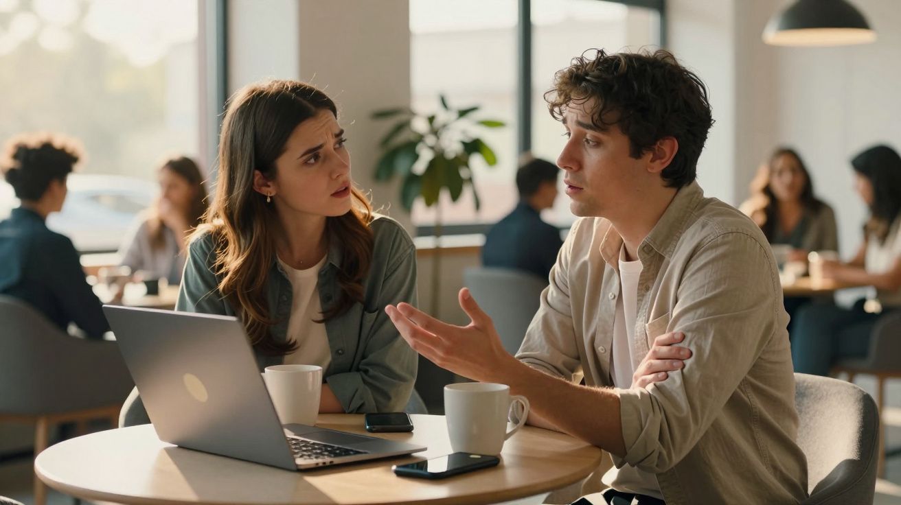Dois jovens conversam sentados à mesa com laptop e xícaras em um ambiente de cafeteria.