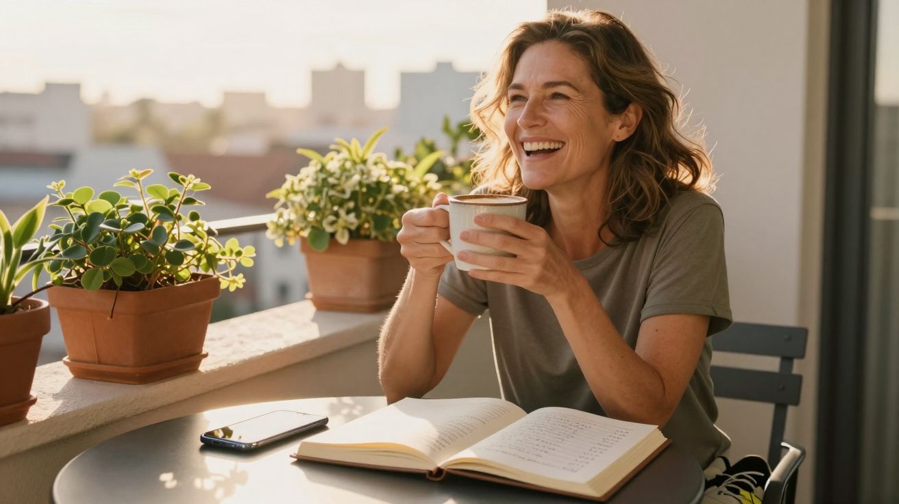 Mulher sorridente sentada em varanda com café, livro aberto e plantas ao redor em dia ensolarado.