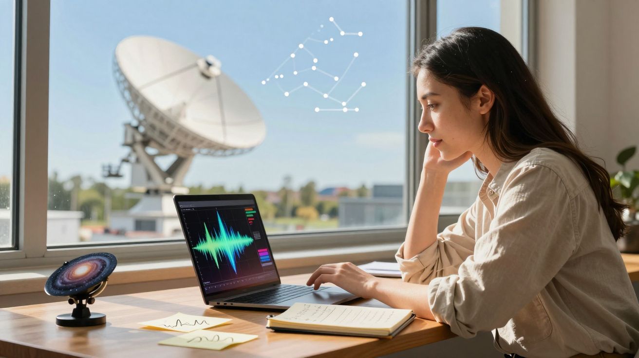 Mulher jovem trabalhando em laptop com gráfico de som, ao lado de antena parabólica e miniatura de galáxia.