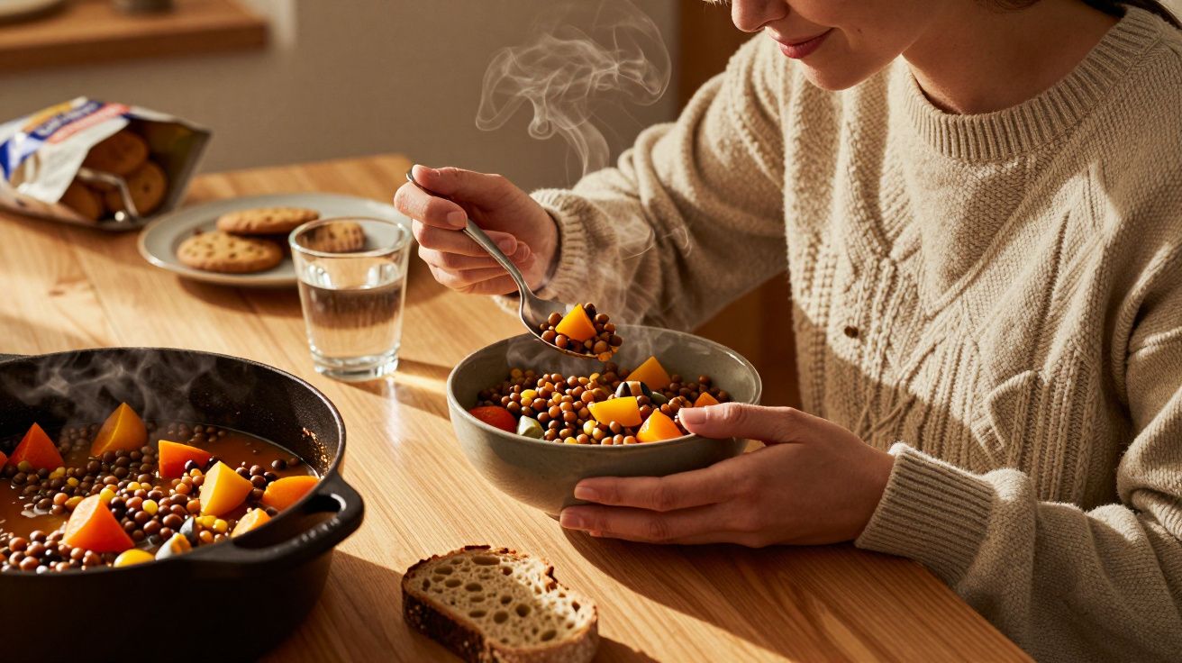Pessoa com suéter bege segurando tigela com sopa quente de lentilhas e abóbora em mesa de madeira.