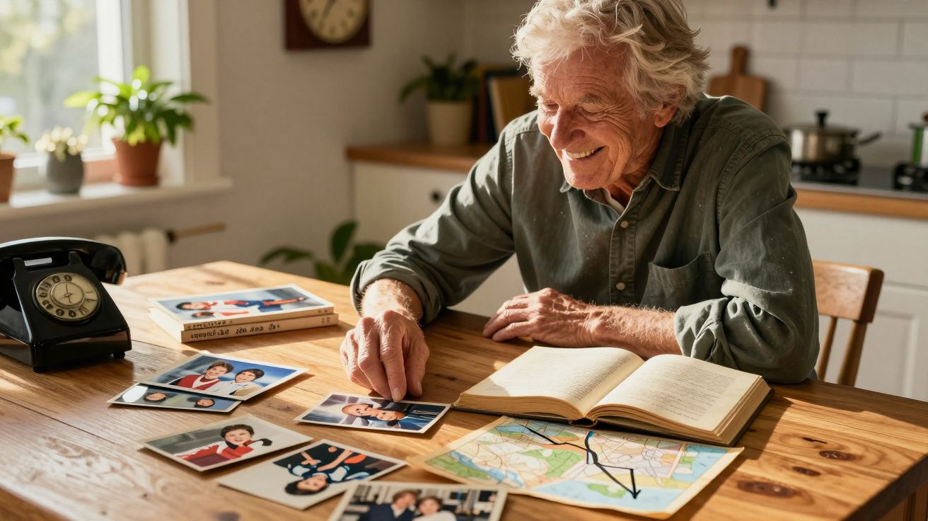 Idoso sorridente olhando fotografias antigas e mapa sobre mesa de madeira em ambiente iluminado.