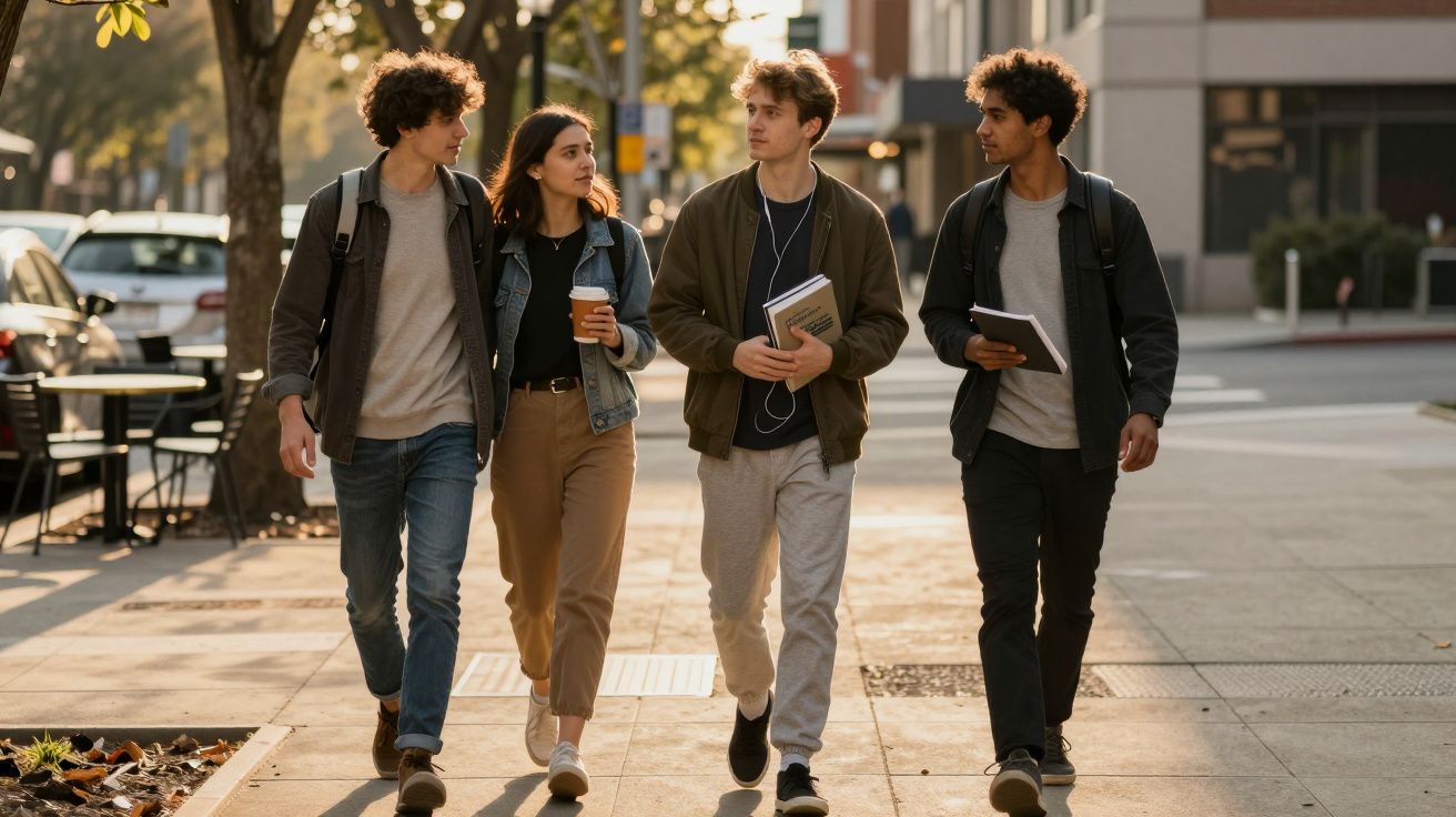 Quatro jovens caminhando e conversando em calçada urbana ensolarada com árvores e carros ao fundo.