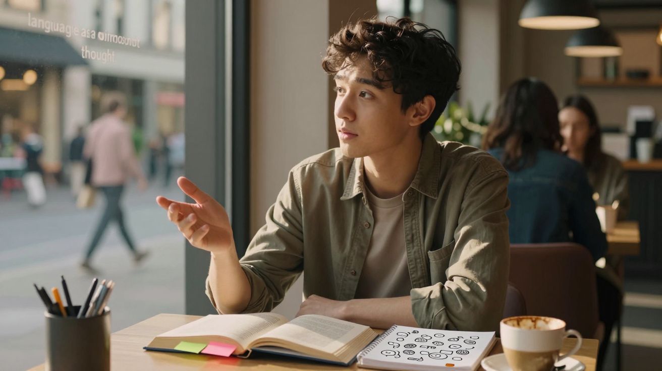 Jovem sentado em cafeteria com livro aberto e caneca de café, olhando pensativo pela janela.