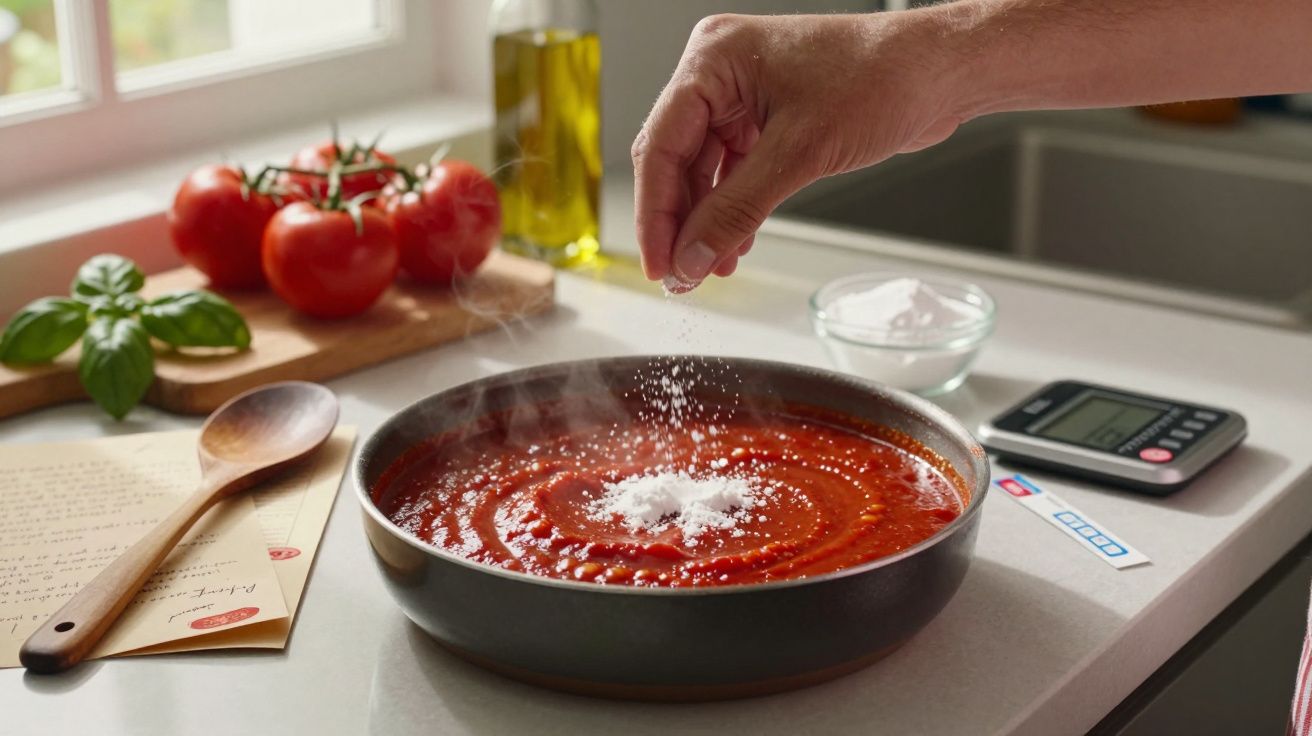 Mão salpicando sal em panela com molho de tomate fresco em cozinha iluminada.