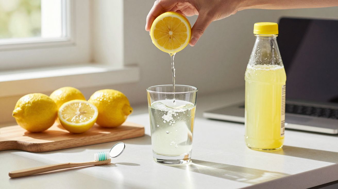 Mão espremendo limão em copo com água, próximo a limões, escova de dentes e garrafa de suco na bancada.
