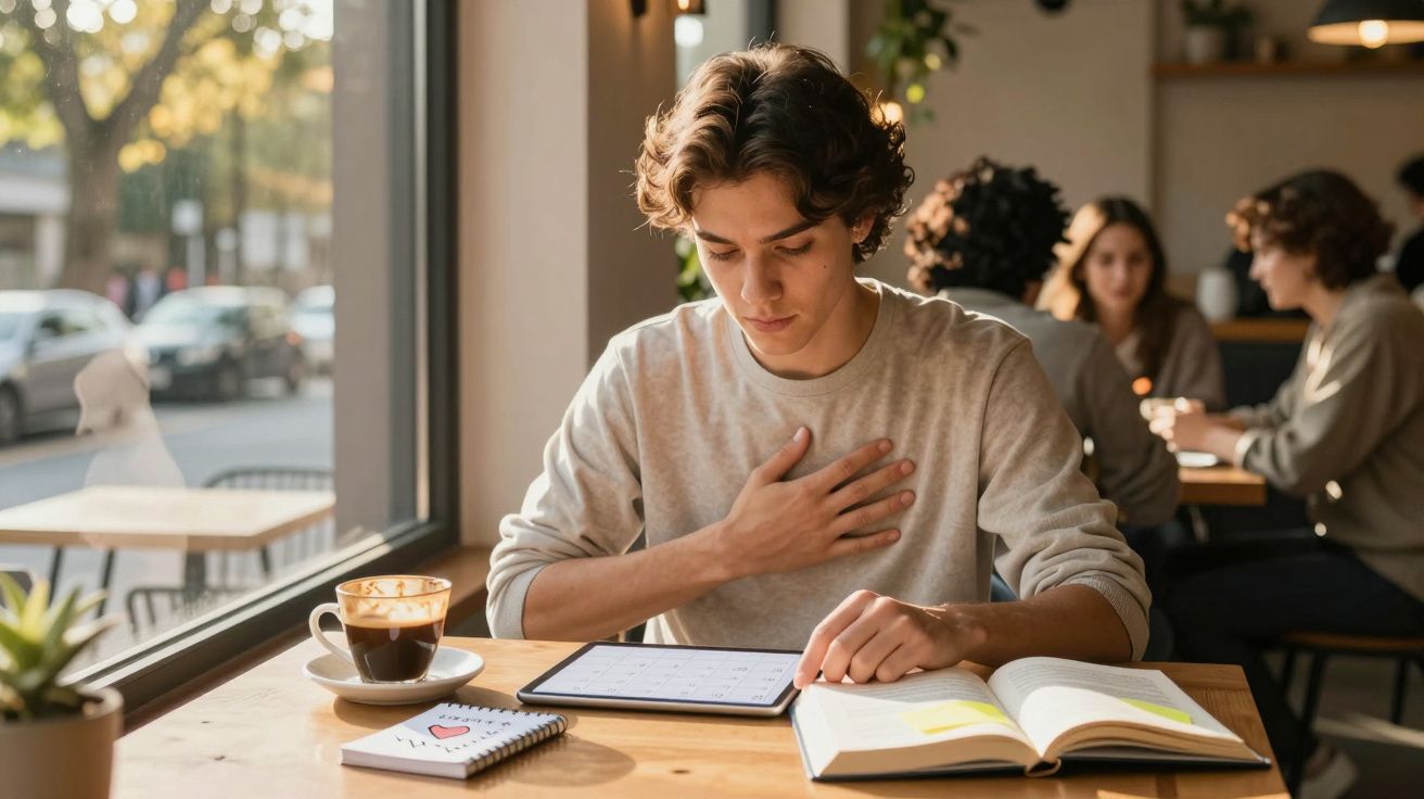Jovem estudando em café, lendo livro e usando tablet, com xícara de café e caderno na mesa.