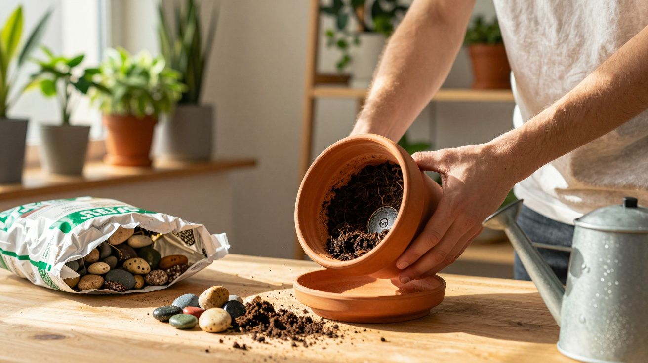 Pessoa enchendo vaso de barro com terra para plantar em ambiente interno com pedras decorativas e regador ao lado.