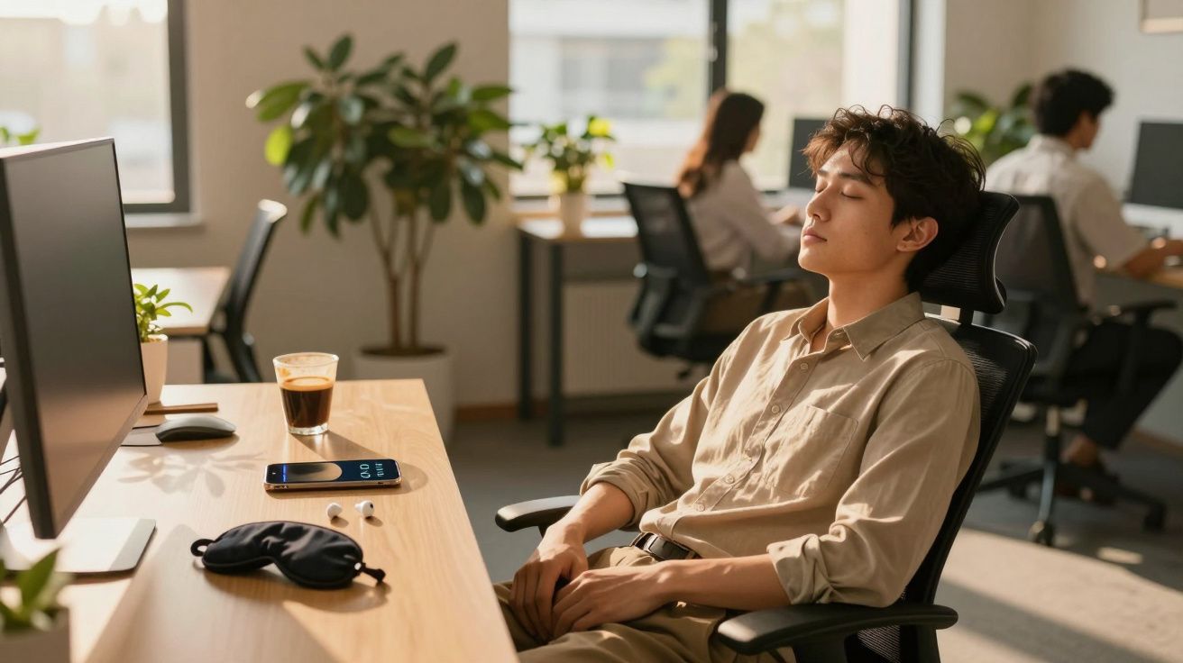 Jovem tirando um cochilo na cadeira do escritório, com computador e café na mesa.