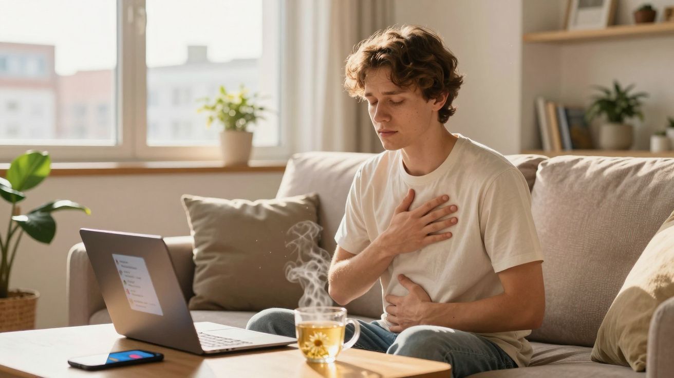 Jovem sentado no sofá com expressão de desconforto segurando o peito e o estômago, chá na mesa.