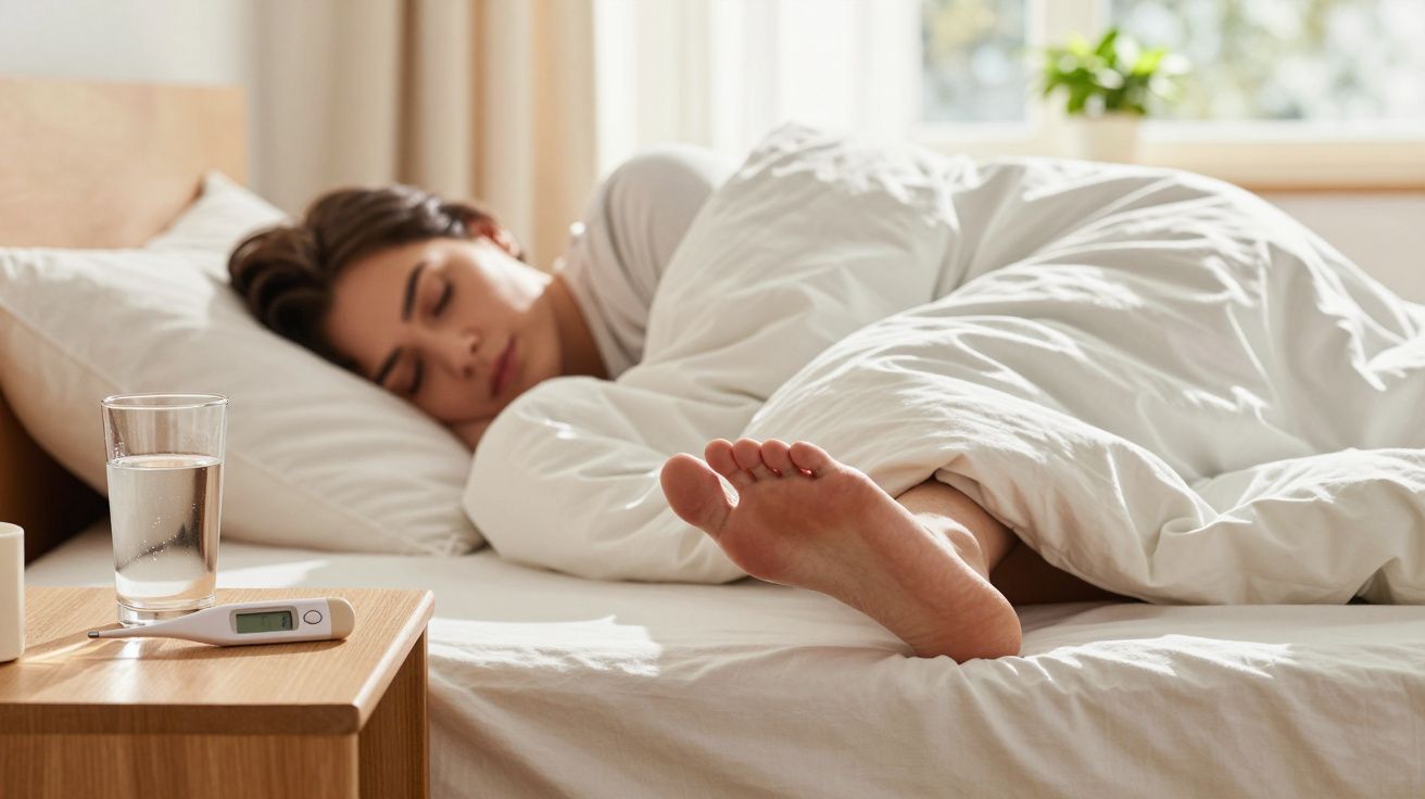 Pessoa deitada na cama coberta, com termômetro e copo d’água sobre mesa ao lado.