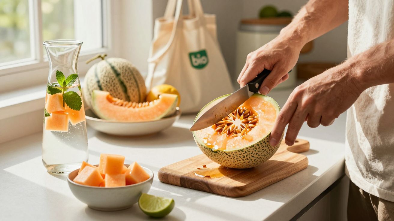 Pessoa cortando melão cantaloupe em uma tábua na cozinha iluminada pela manhã.